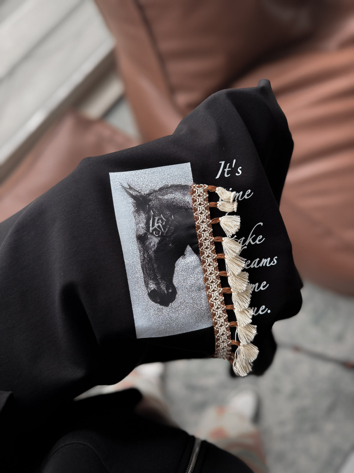 Black Tassel Horse Print Oversize T-Shirt