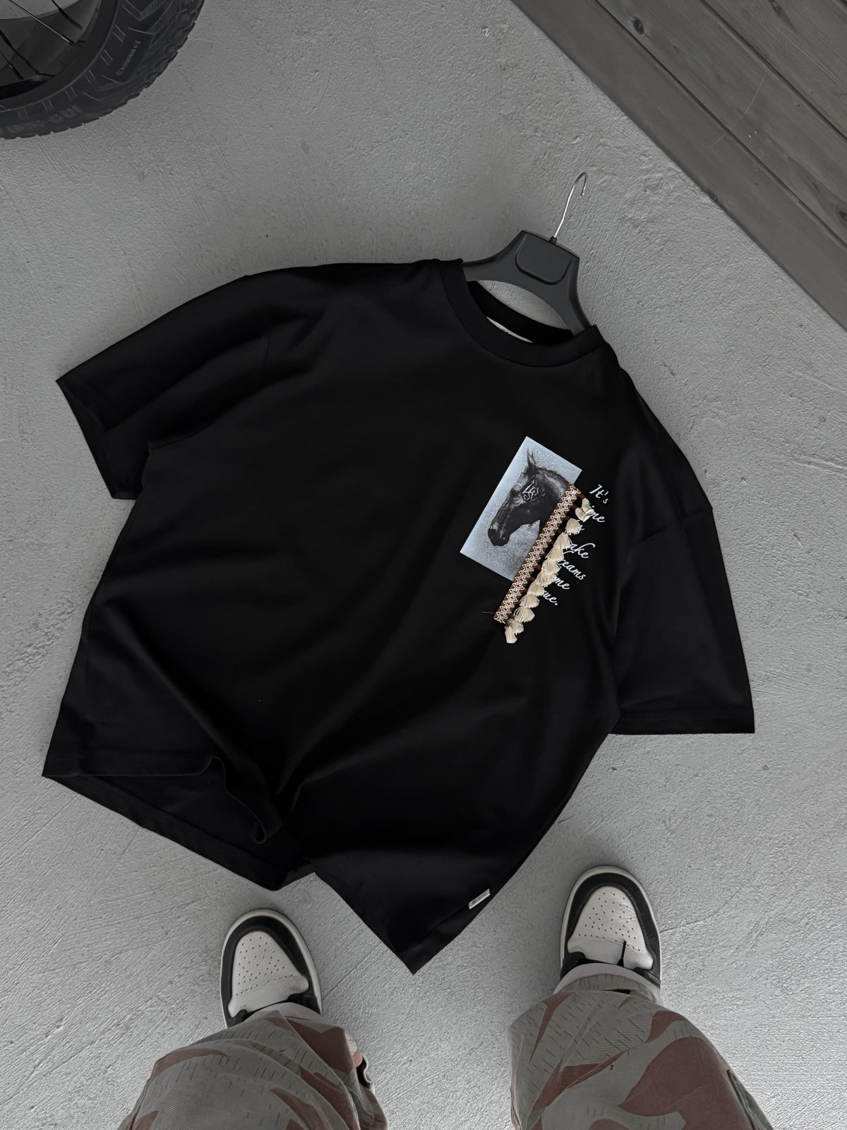 Black Tassel Horse Print Oversize T-Shirt
