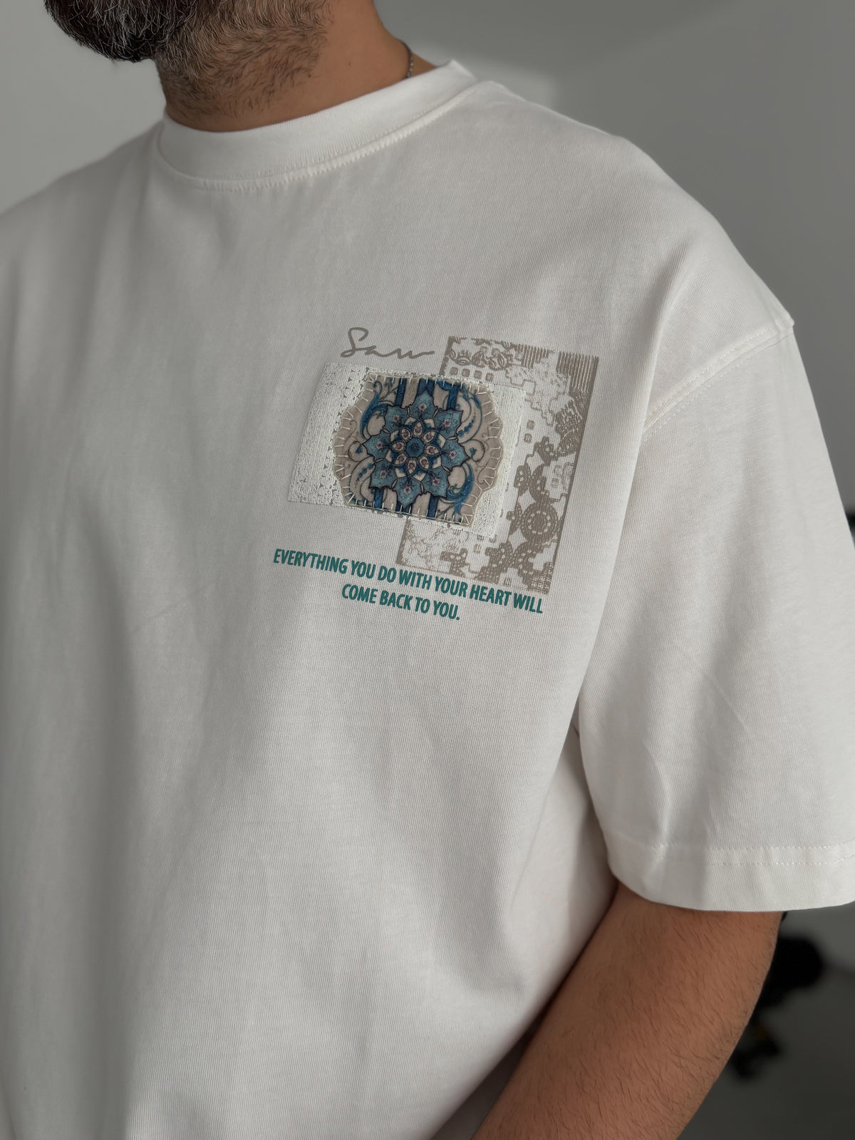 White Oversize T-Shirt with Back Motif Patch