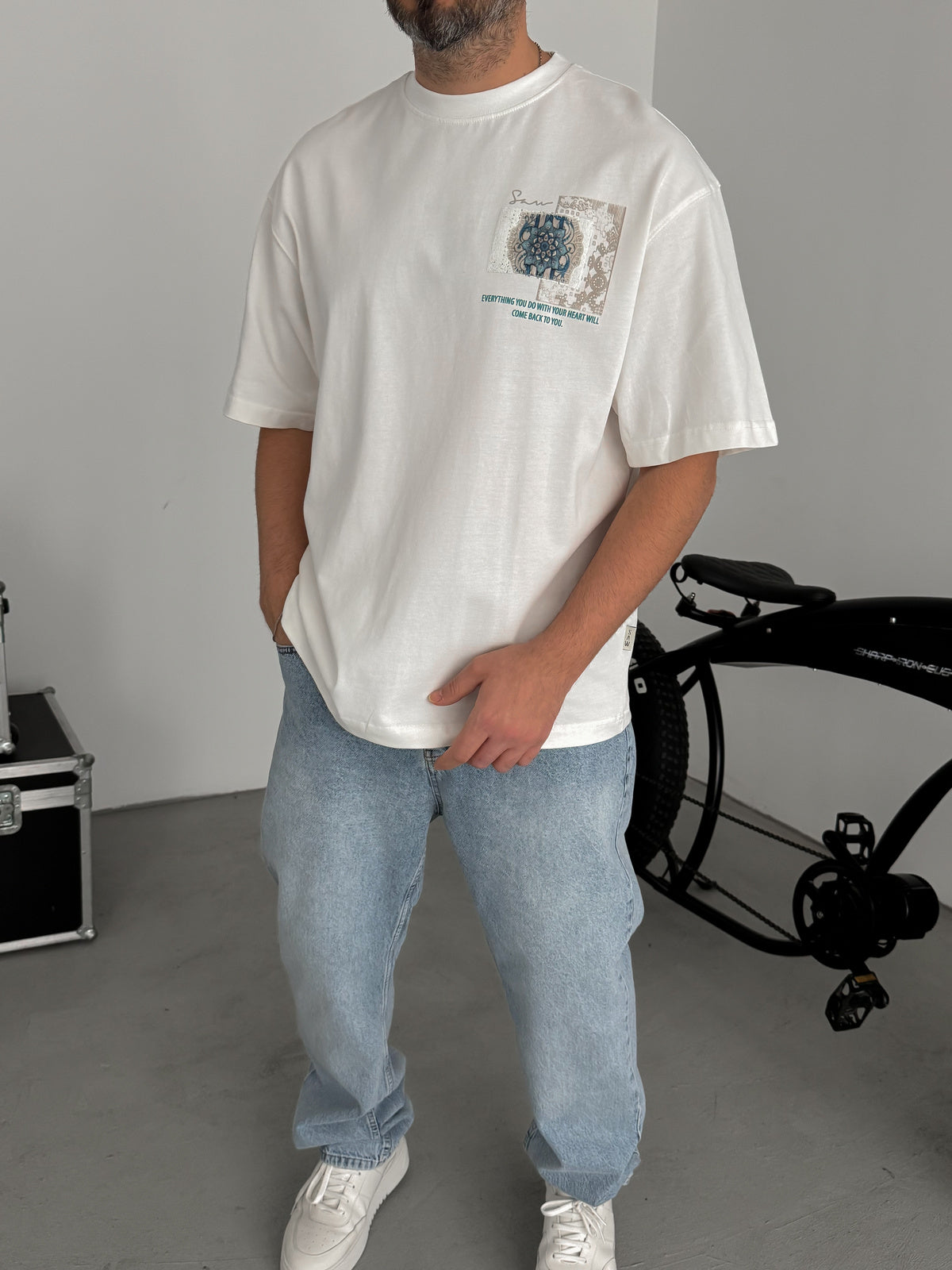 White Oversize T-Shirt with Back Motif Patch