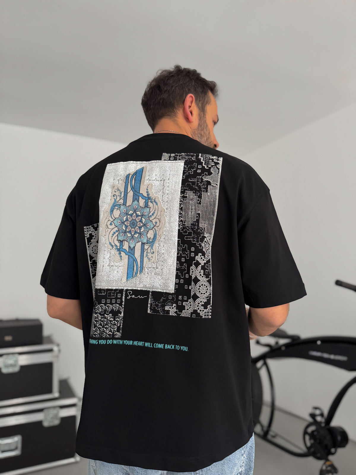 Black Oversize T-Shirt with Back Motif Patch