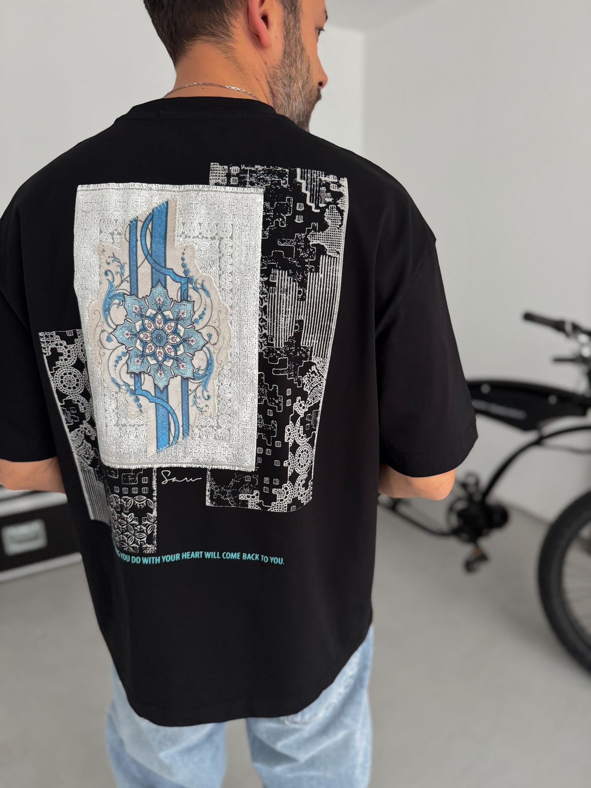 Black Oversize T-Shirt with Back Motif Patch