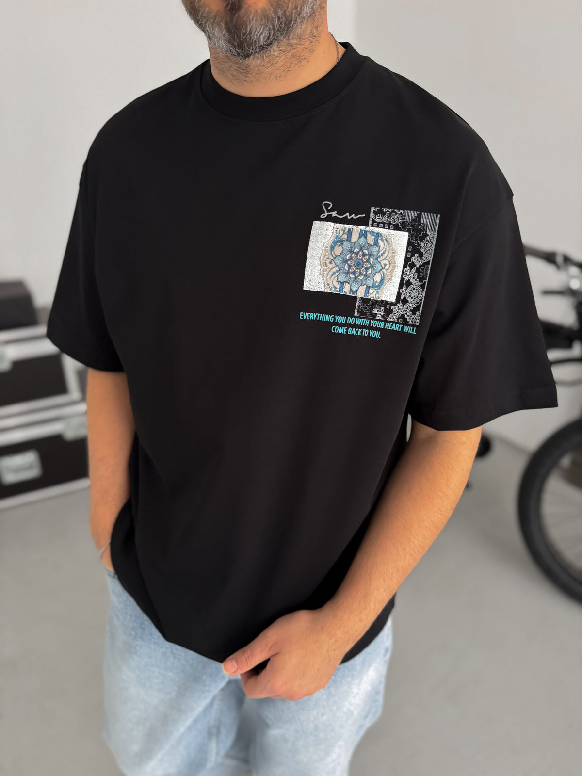 Black Oversize T-Shirt with Back Motif Patch