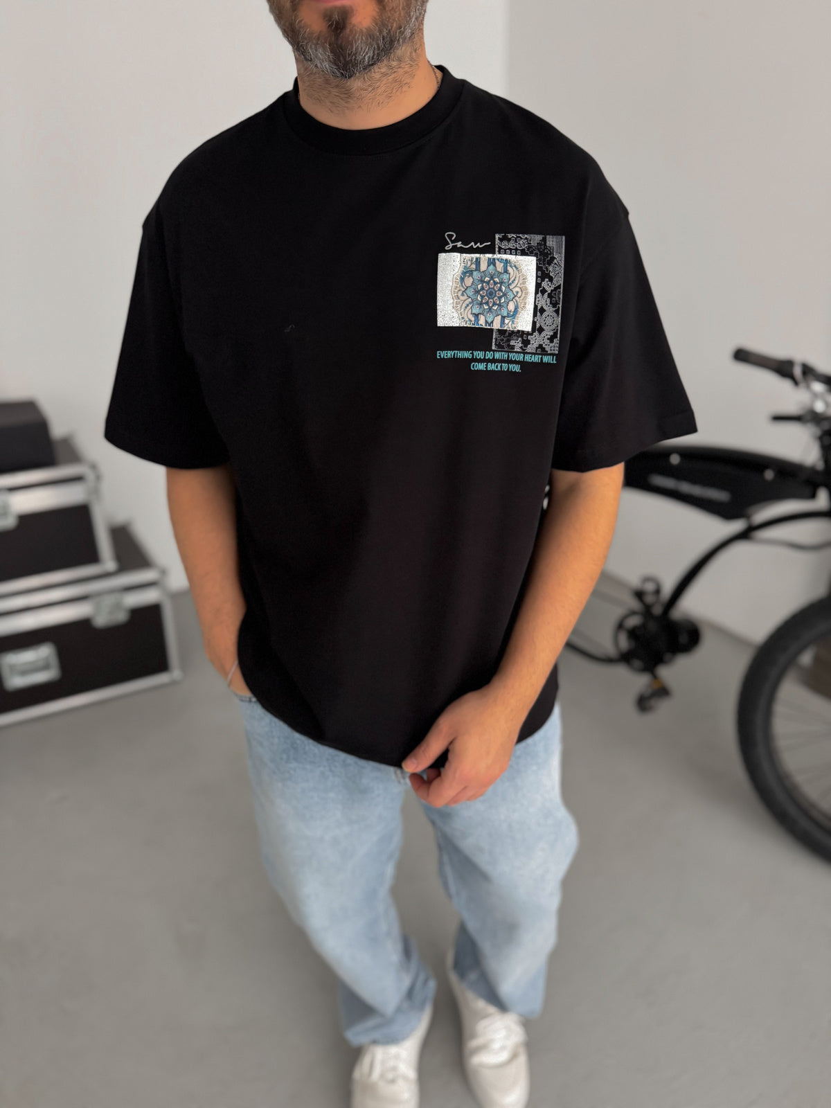 Black Oversize T-Shirt with Back Motif Patch