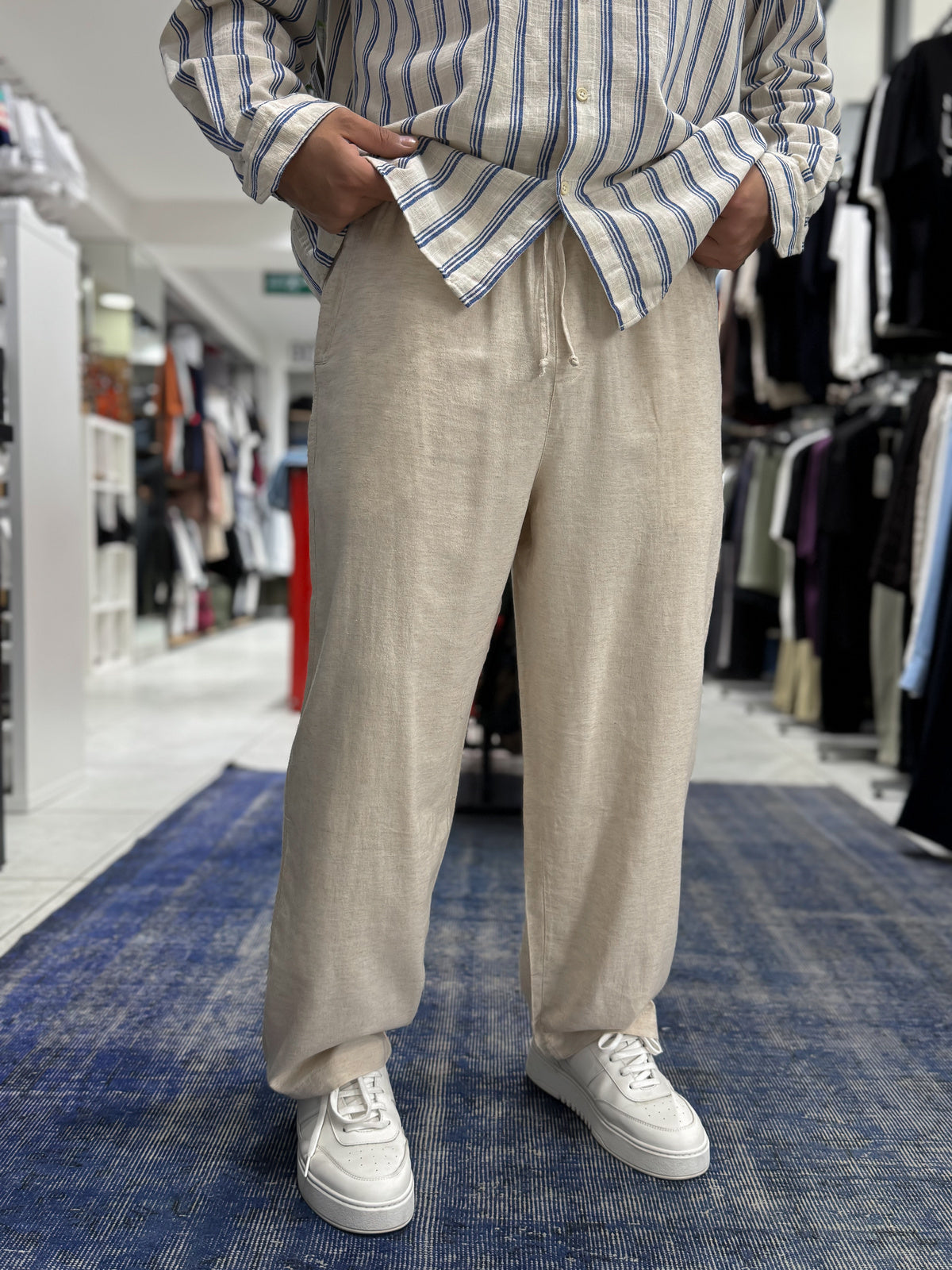Beige Linen Textured Baggy Pants