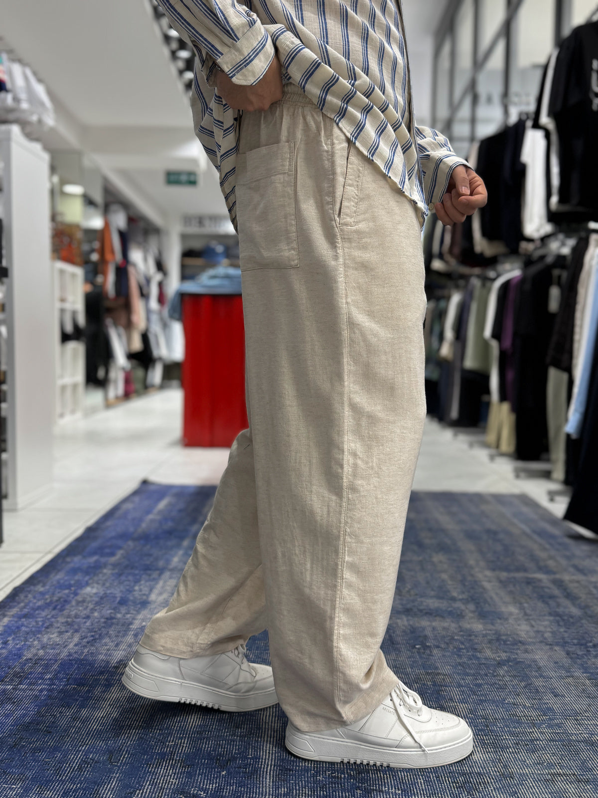 Beige Linen Textured Baggy Pants