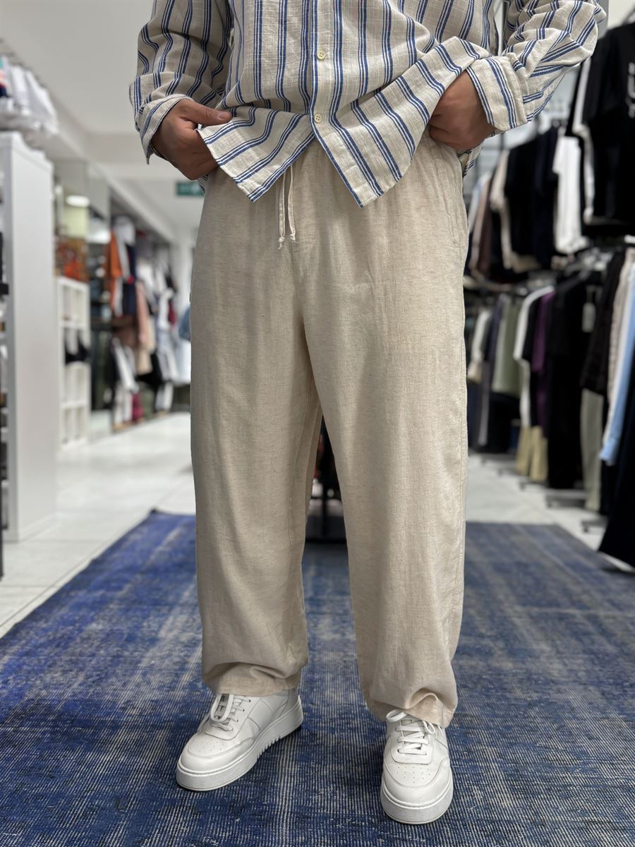 Beige Linen Textured Baggy Pants