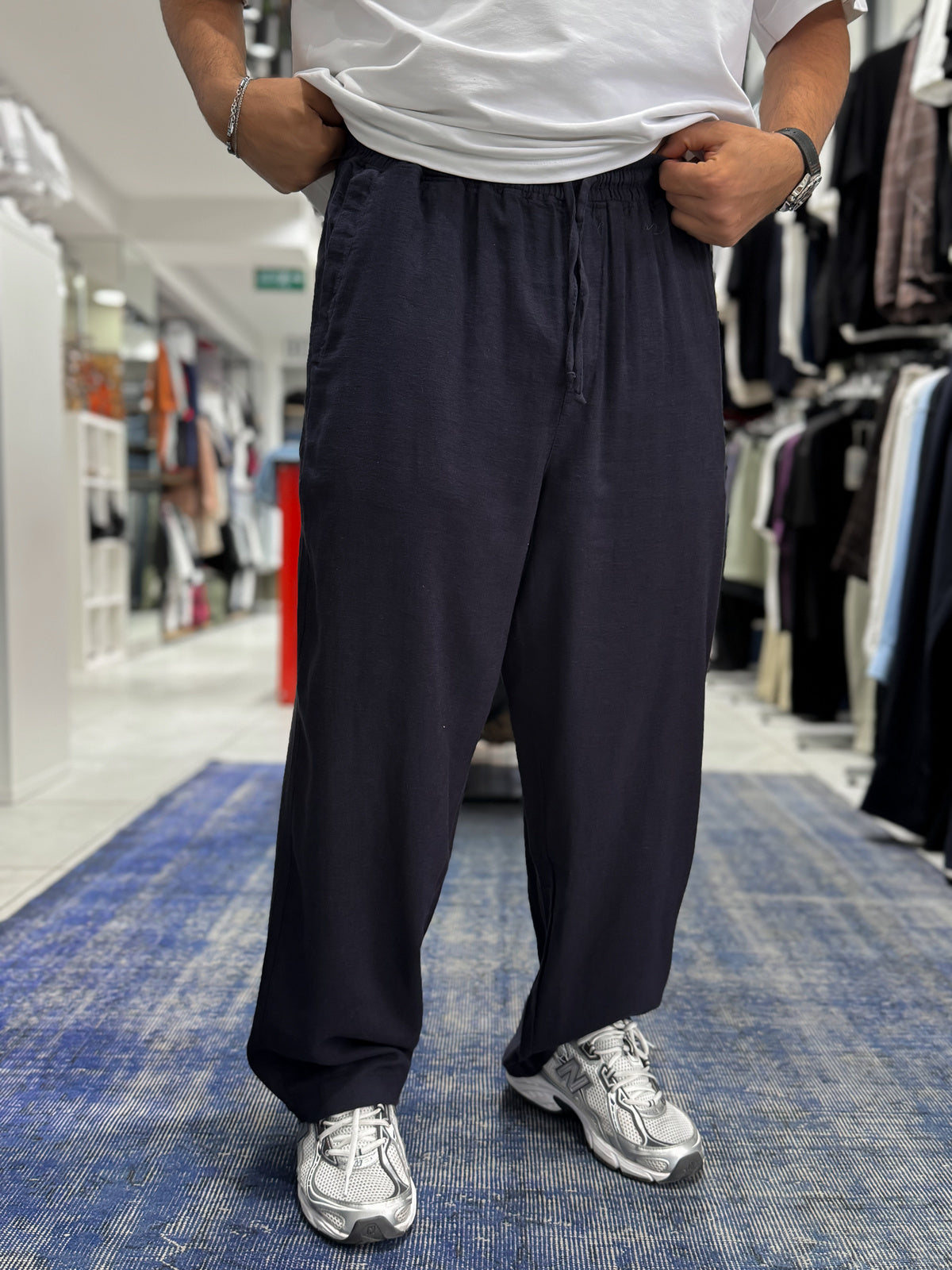 Navy Blue Linen Textured Baggy Pants
