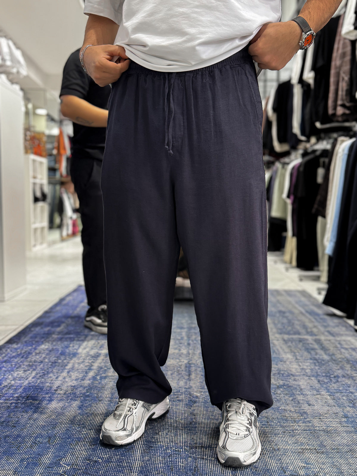 Navy Blue Linen Textured Baggy Pants