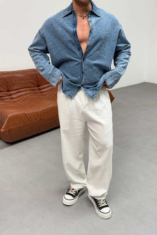 OVERSIZED DENIM FABRIC PATTERNED SHIRT • BLUE