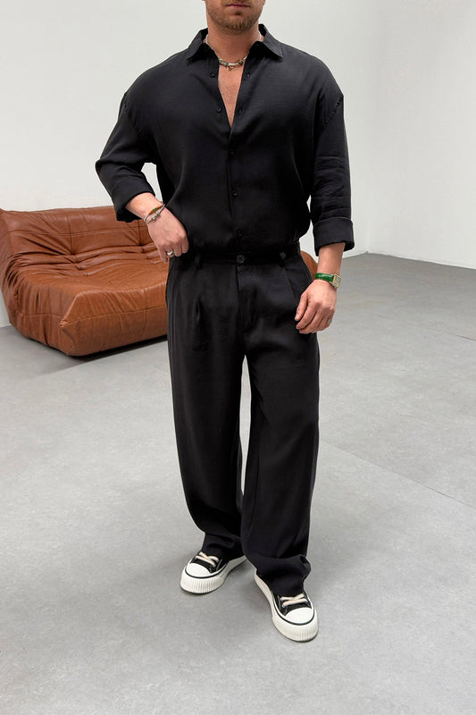PLEATED PANTS WITH TENS FABRIC SET • BLACK