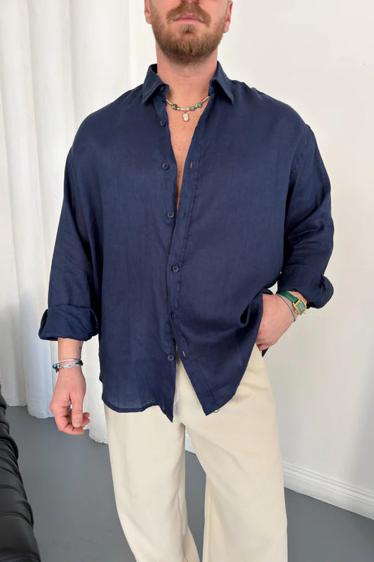 OVERSIZE 100% LINEN SHIRT • NAVY BLUE