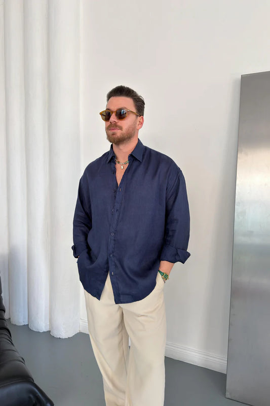 OVERSIZE 100% LINEN SHIRT • NAVY BLUE