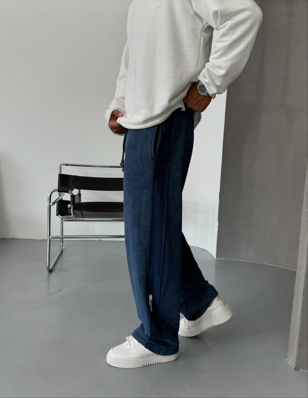Navy Blue Washed Stripe Baggy Pants