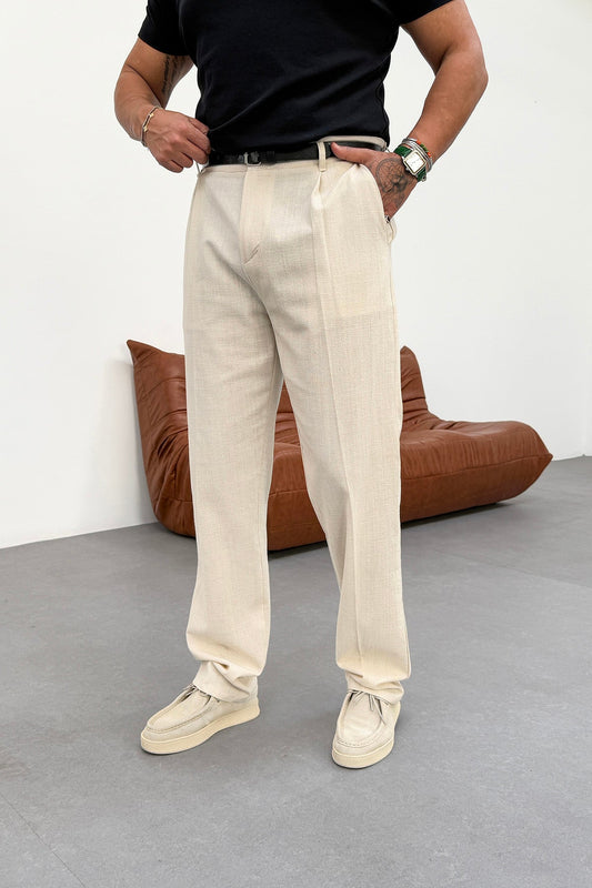 REGULAR FIT PLEATED LINEN TROUSERS • CREAM