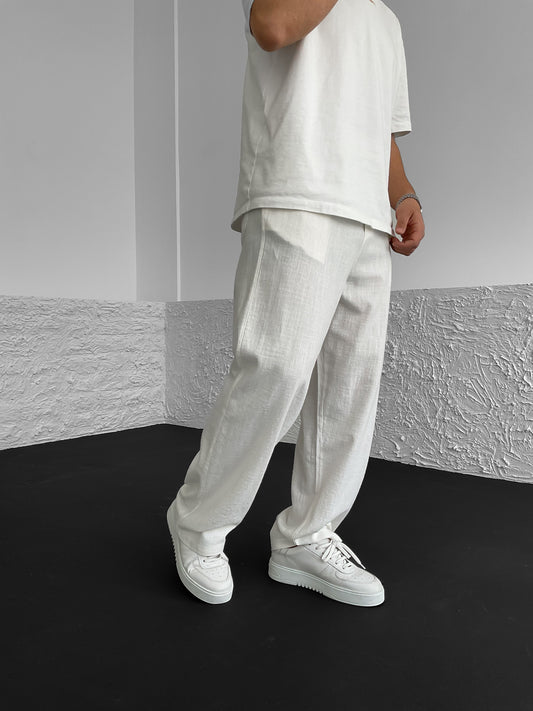 White Back Seam Detailed Linen Trousers