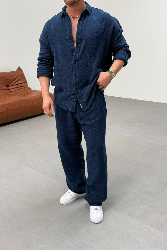 WASHABLE SPECIAL DESIGN RAW LINEN SUIT • NAVY BLUE