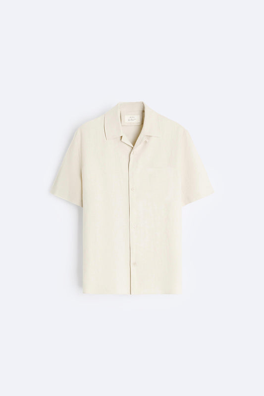 قميص الكتان الأزرق البيج