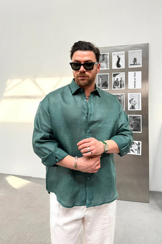 OVERSIZE 100% LINEN SHIRT • EMERALD GREEN