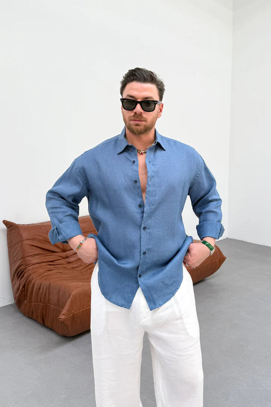 OVERSIZE 100% LINEN SHIRT • SKY BLUE