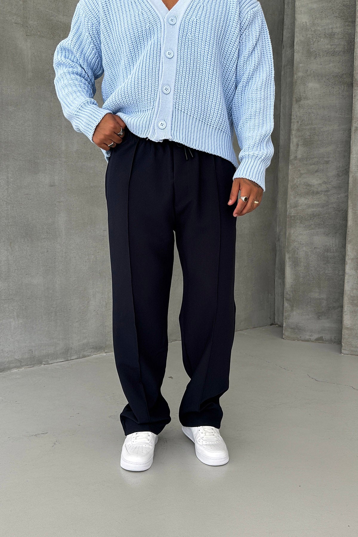 Navy Blue Loose Fit Stitched Trousers