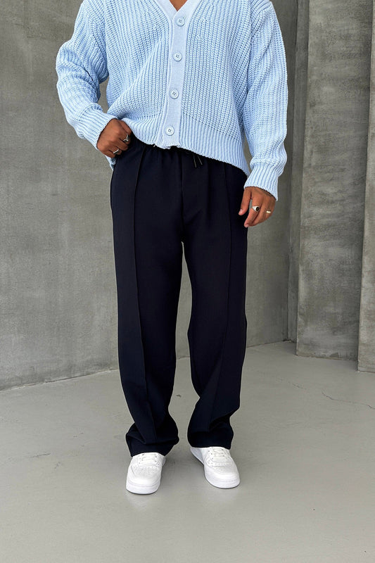 Navy Blue Loose Fit Stitched Trousers
