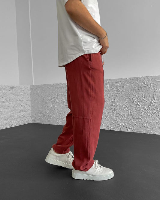 Red Seam Detailed Linen Trousers
