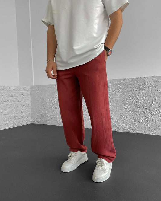 Red Seam Detailed Linen Trousers