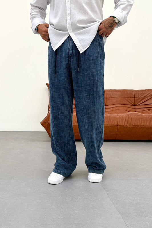 PREMIUM FABRIC PLEATED BAGGY TROUSERS • NAVY BLUE