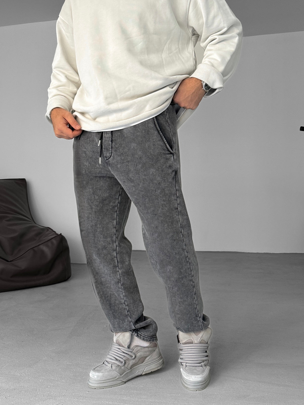 Black Washed Stitched Basic Tracksuit