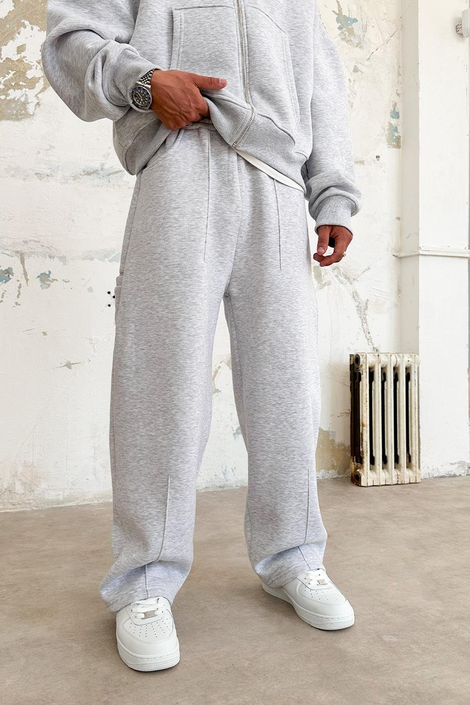 Grey Cozy Basic Pleated Baggy Pants