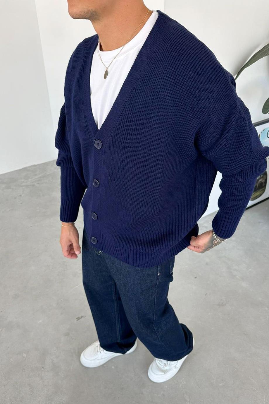 Navy Blue Buttoned Knitted Cardigan