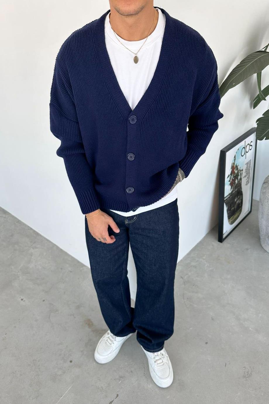 Navy Blue Buttoned Knitted Cardigan