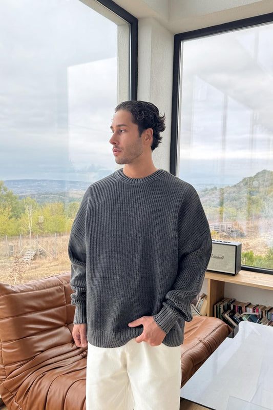 Black Washed Oversize Knitted Sweater